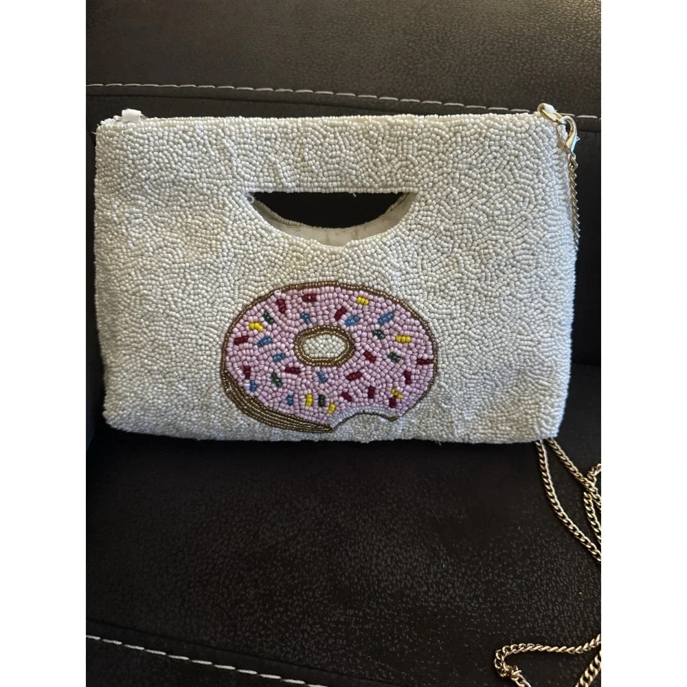 Rachel Zoe Beaded Donut Clutch‎ Cream Gold Chain Crossbody Novelty Bag NEW